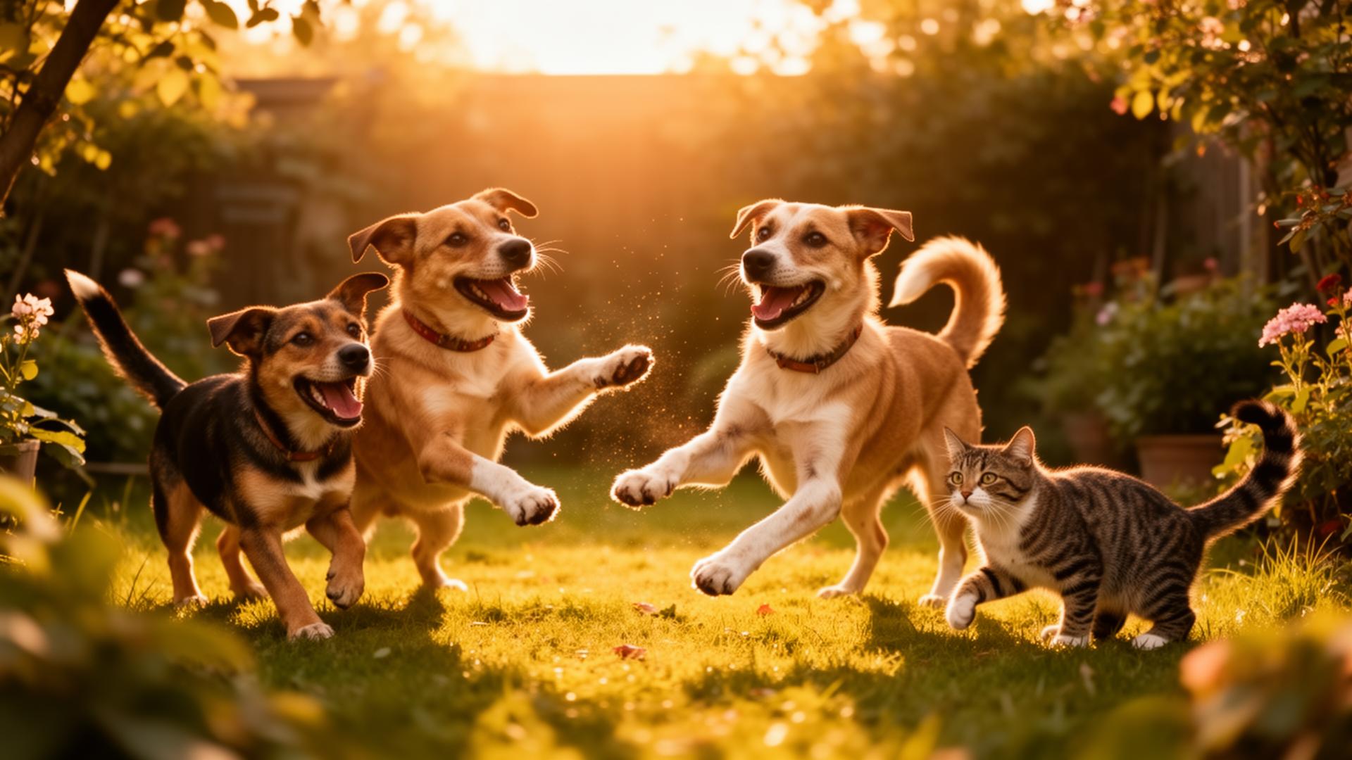 Animais resgatados felizes brincando em um jardim